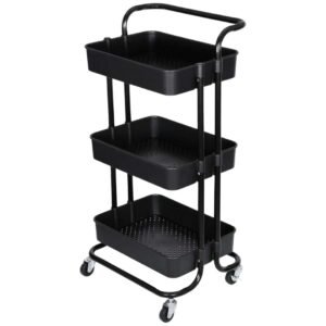 Estante organizador móvil tipo carrito de tres niveles color negro con ruedas giratorias para cocina o baño.