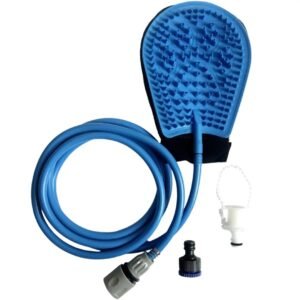 Cepillo azul de silicona para baño de mascotas con manguera adaptable y guante de texturas.
