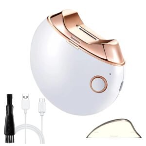 Depilador eléctrico facial recargable color blanco con detalles en oro rosa y accesorios.