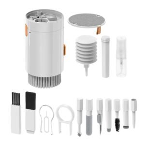 Kit de limpieza electrónico cilíndrico color blanco con accesorios de precisión para audífonos, teclados y pantallas.