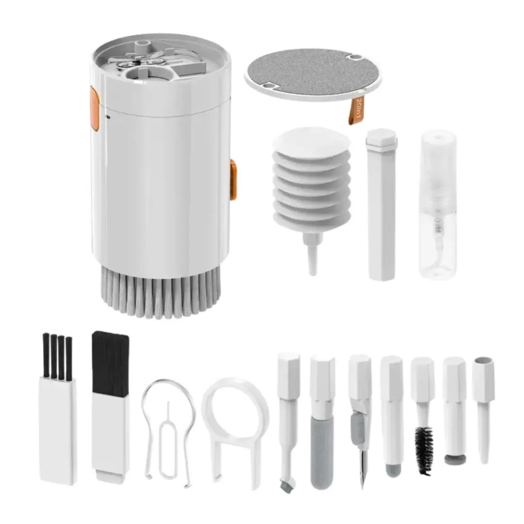 Kit de limpieza electrónico cilíndrico color blanco con accesorios de precisión para audífonos, teclados y pantallas.