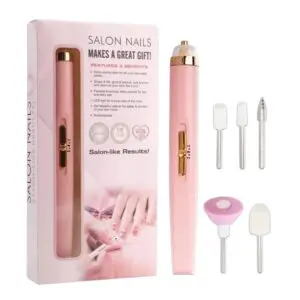 Pulidor de uñas eléctrico portátil color rosa con cabezales intercambiables en su caja de empaque.