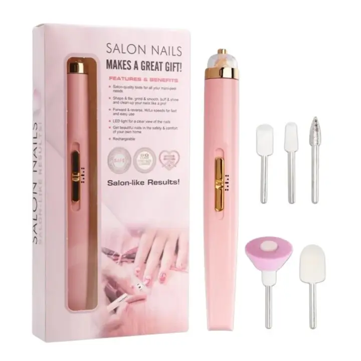 Pulidor de uñas eléctrico portátil color rosa con cabezales intercambiables en su caja de empaque.