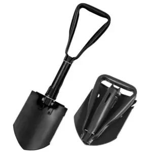 Pala táctica de camping color negro que se pliega e incluye estuche y herramientas de supervivencia en el mango.