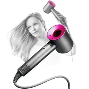 Secador de pelo gris oscuro con detalles fucsia brillantes de diseño ergonómico y boquillas de estilizado.