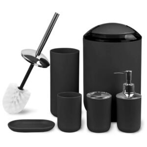Kit de accesorios para baño modernos de color negro mate que incluye escobilla, papelera y dispensador de jabón.